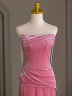 Mermaid Velvet Beads Pink Long Prom Dresses, Pink Long Formal Dresses