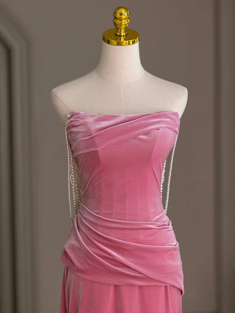 Mermaid Velvet Beads Pink Long Prom Dresses, Pink Long Formal Dresses