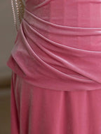 Mermaid Velvet Beads Pink Long Prom Dresses, Pink Long Formal Dresses