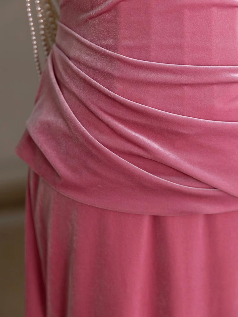 Mermaid Velvet Beads Pink Long Prom Dresses, Pink Long Formal Dresses