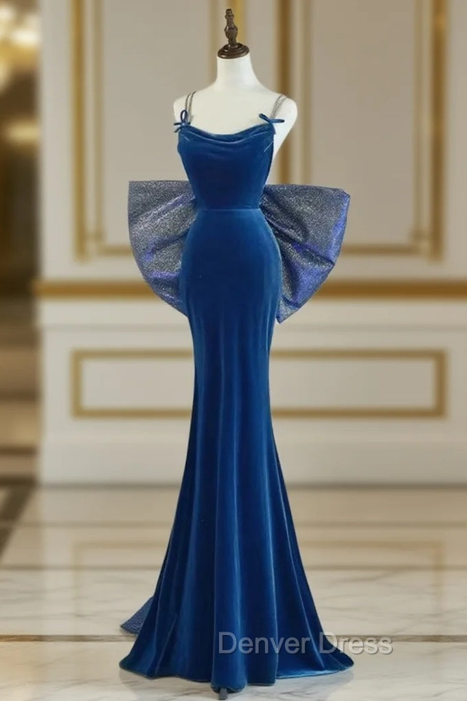 Mermaid Velvet Blue Long Prom Dresses, Blue Long Formal Dresses Main image
