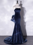Mermaid Velvet Blue Long Prom Dress, Blue Velvet Long Prom Dresses