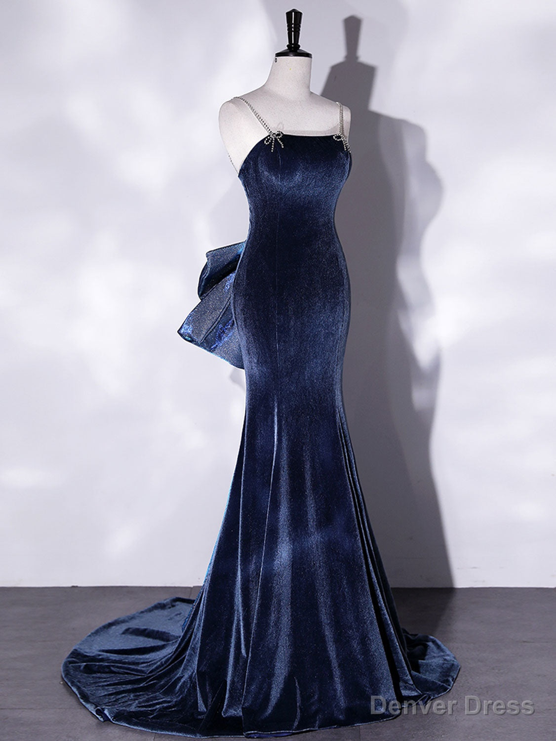 Mermaid Velvet Blue Long Prom Dress, Blue Velvet Long Prom Dresses