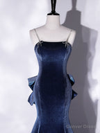 Mermaid Velvet Blue Long Prom Dress, Blue Velvet Long Prom Dresses