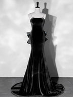 Mermaid Velvet Blue Long Prom Dress, Blue Velvet Long Prom Dresses