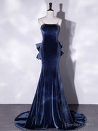 Mermaid Velvet Blue Long Prom Dress, Blue Velvet Long Prom Dresses