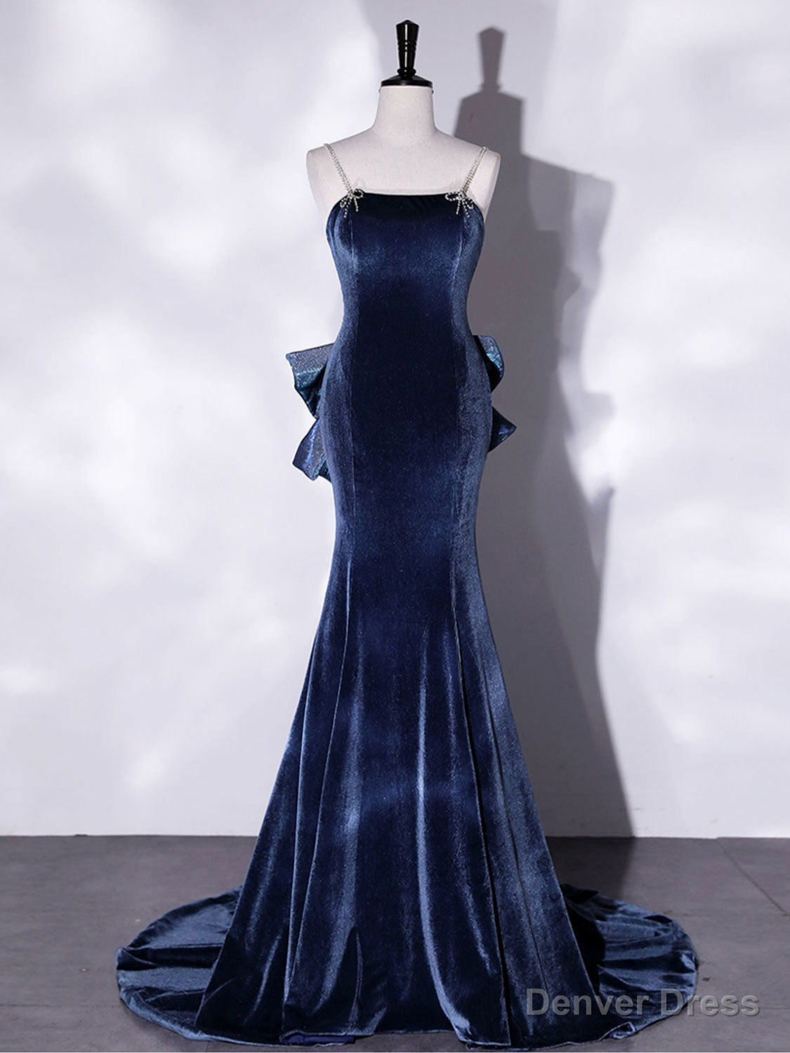Mermaid Velvet Blue Long Prom Dress, Blue Velvet Long Prom Dresses
