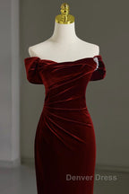 Mermaid Velvet Burgundy Long Prom Dresses, Burgundy Long Evening Dresses