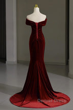Mermaid Velvet Burgundy Long Prom Dresses, Burgundy Long Evening Dresses