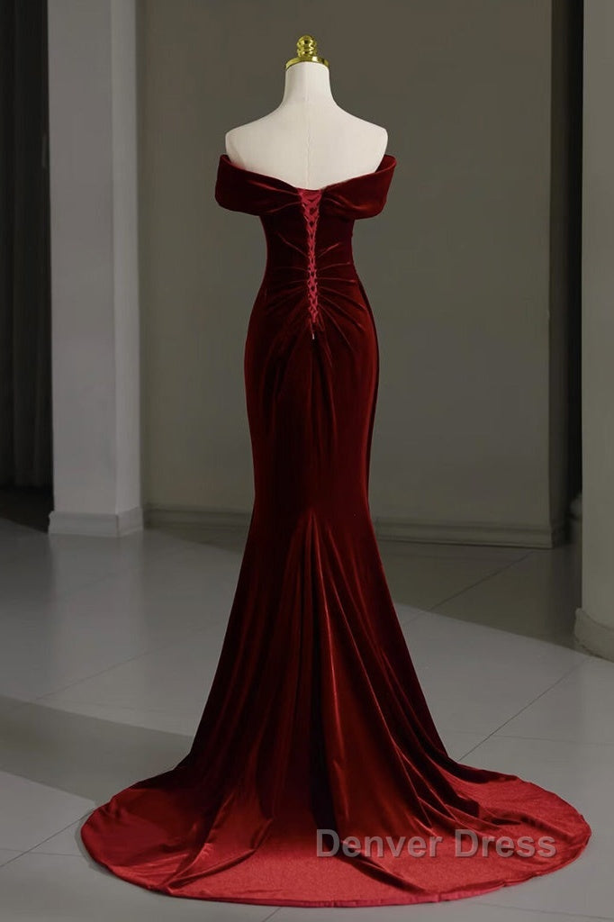 Mermaid Velvet Burgundy Long Prom Dresses, Burgundy Long Evening Dresses
