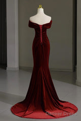 Mermaid Velvet Burgundy Long Prom Dress, Burgundy Long Evening Dress