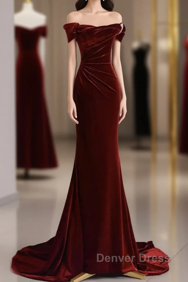 Mermaid Velvet Burgundy Long Prom Dresses, Burgundy Long Evening Dresses Main image