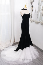 Mermaid Velvet Tulle Black Long Prom Dresses, Black Long Formal Dresses
