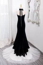 Mermaid Velvet Tulle Black Long Prom Dresses, Black Long Formal Dresses