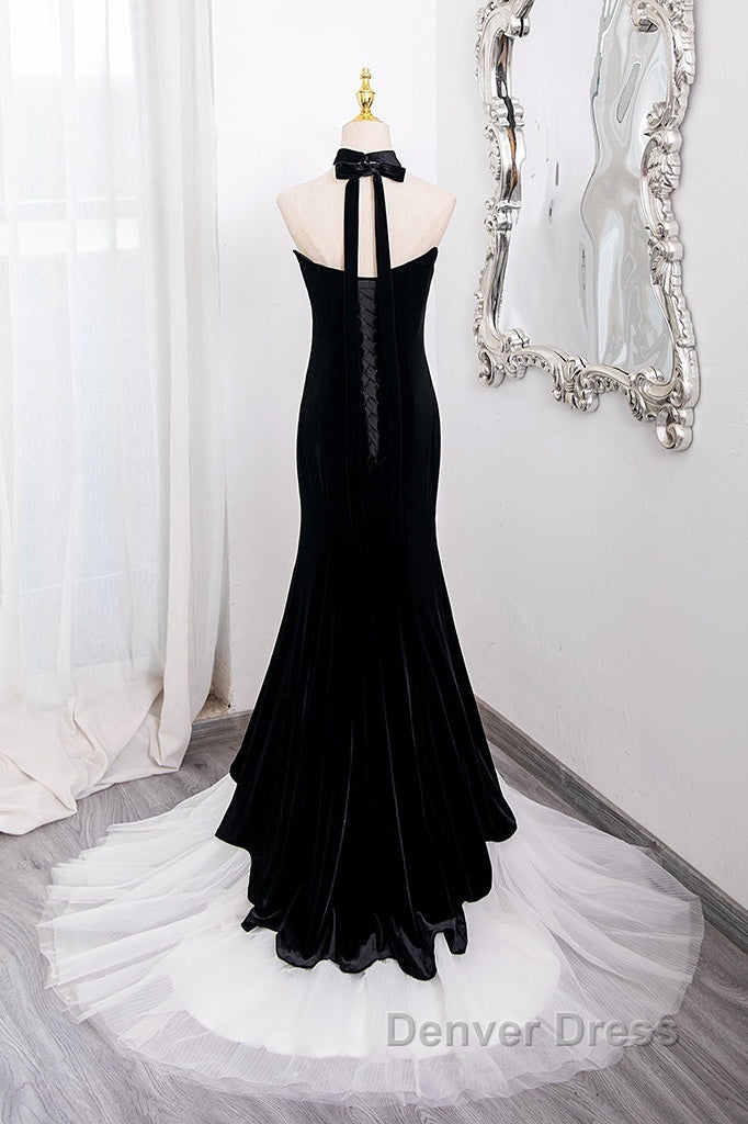 Mermaid Velvet Tulle Black Long Prom Dresses, Black Long Formal Dresses