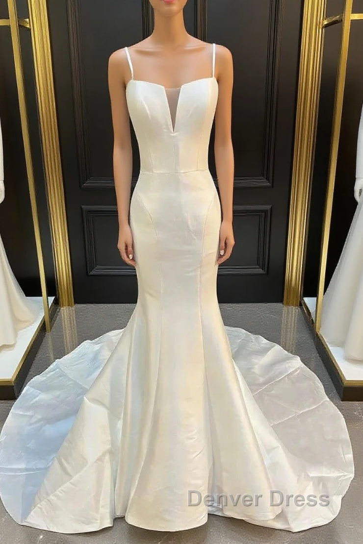 Mermaid White Spaghetti Straps Long Lace Wedding Dresses Main image