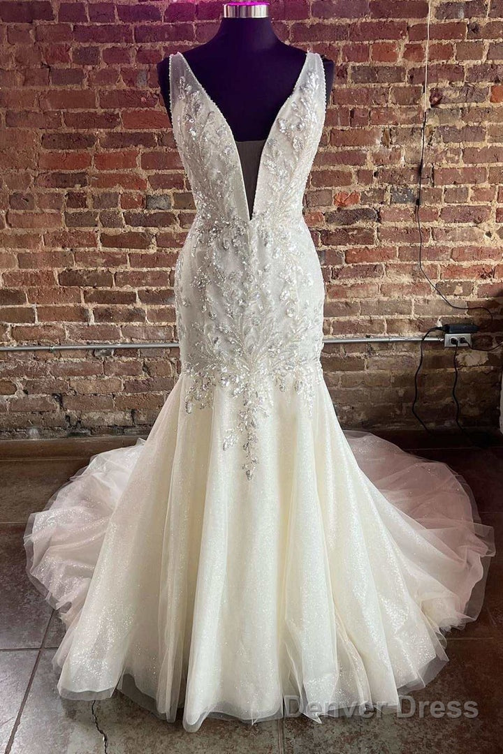 Mermaid White Tulle Lace Plunge V Long Wedding Dress Open Back Main image