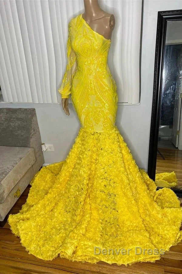 Mermaid Yellow One Shoulder  Long Sleeve Prom Dresses Secondary image