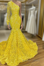 Mermaid Yellow One Shoulder  Long Sleeve Prom Dresses