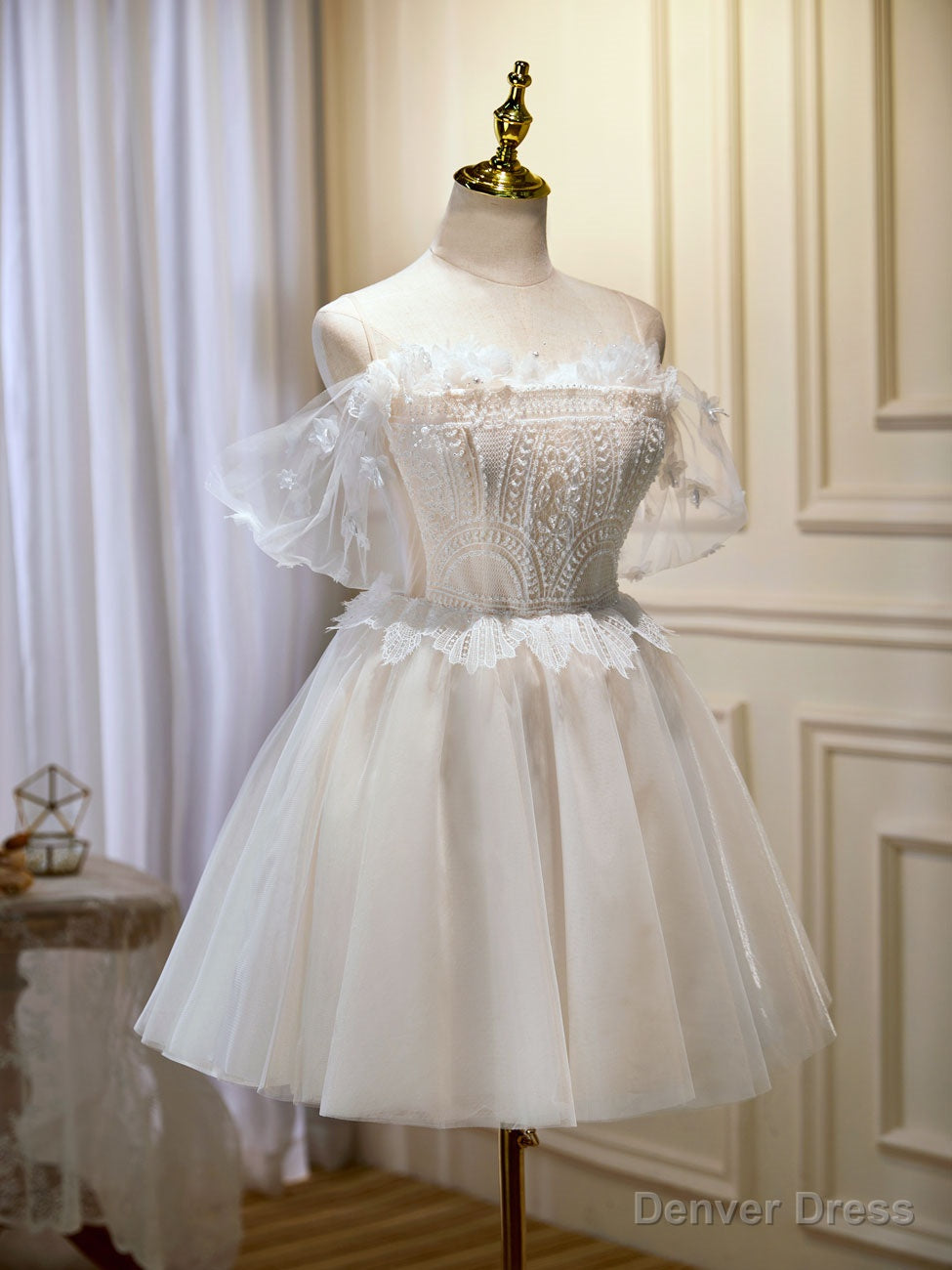 Mini/Short Beige Prom Dress, Puffy Beige Homecoming Dress With Lace Main image