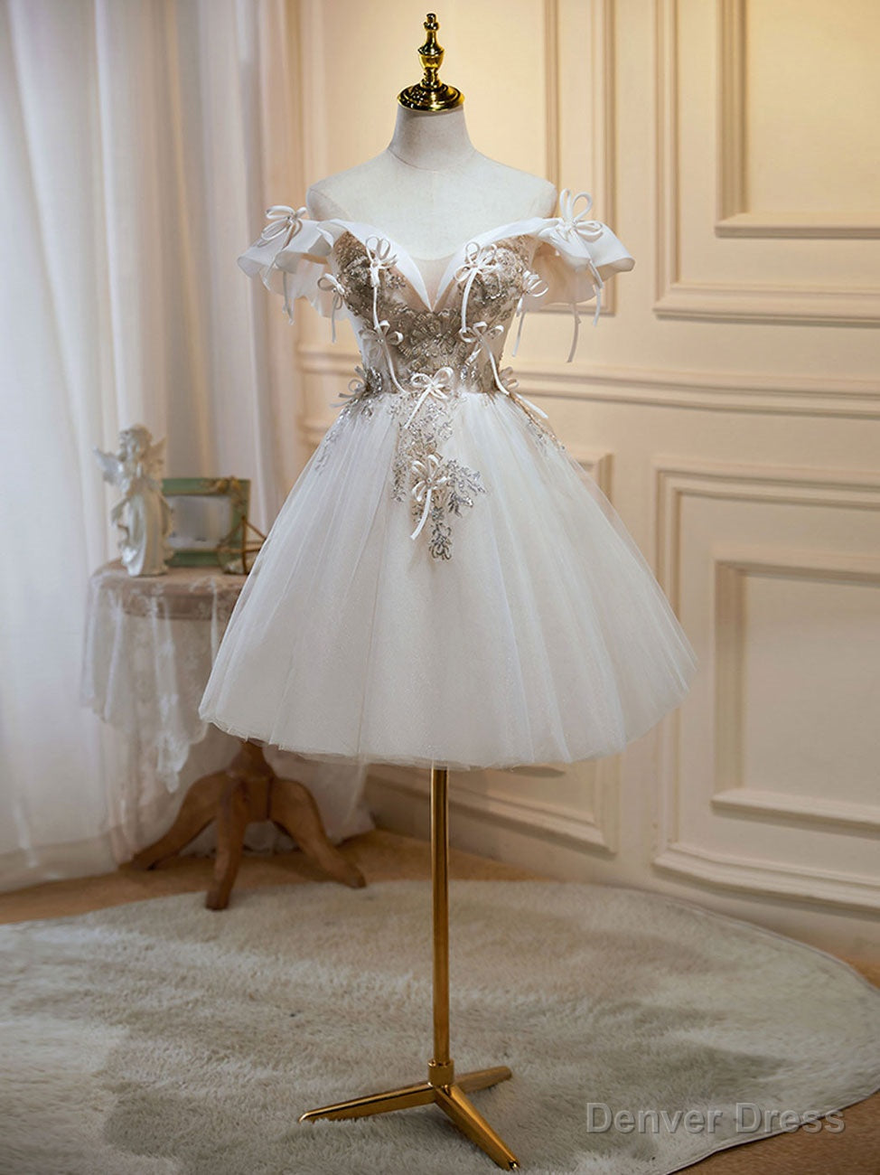 Mini Short Light Champagne Prom Dress, Short Puffy Homecoming Dresses