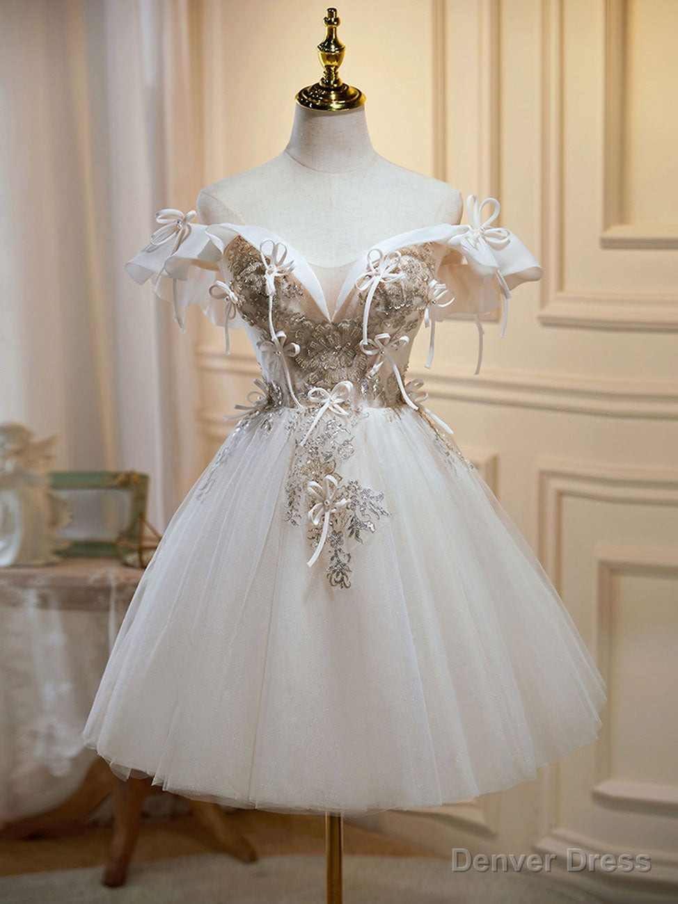 Mini Short Light Champagne Prom Dress, Short Puffy Homecoming Dresses