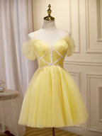 Mini Short Yellow Prom Dress, Yellow Cute Homecoming Dresses With Beading Lace