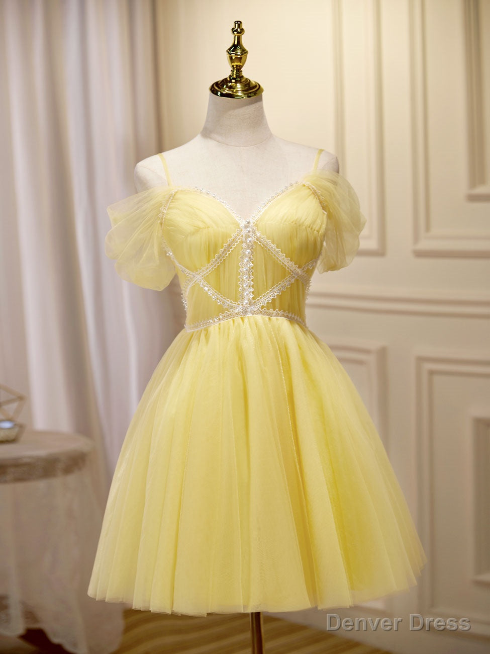 Mini Short Yellow Prom Dress, Yellow Cute Homecoming Dresses With Beading Lace