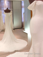 Minimalist Tight Fitting Off The Shoulder Short Sleeved And Floor Length Off The Back Wedding Dresses