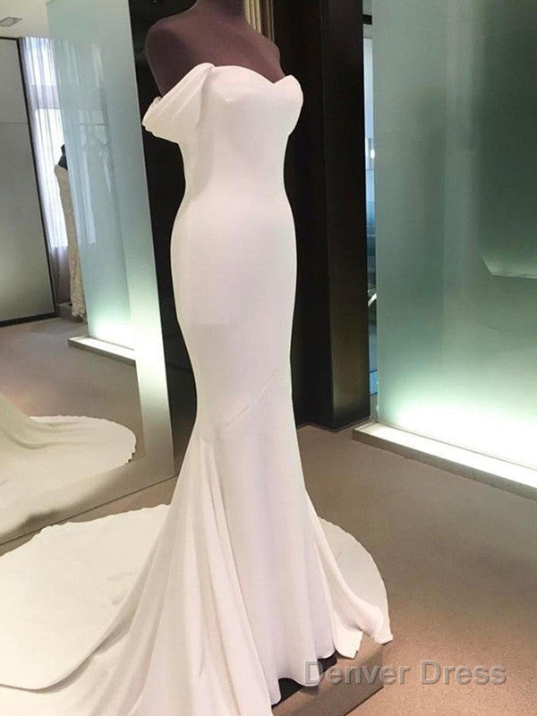 Minimalist Tight Fitting Off The Shoulder Short Sleeved And Floor Length Off The Back Wedding Dress Main image