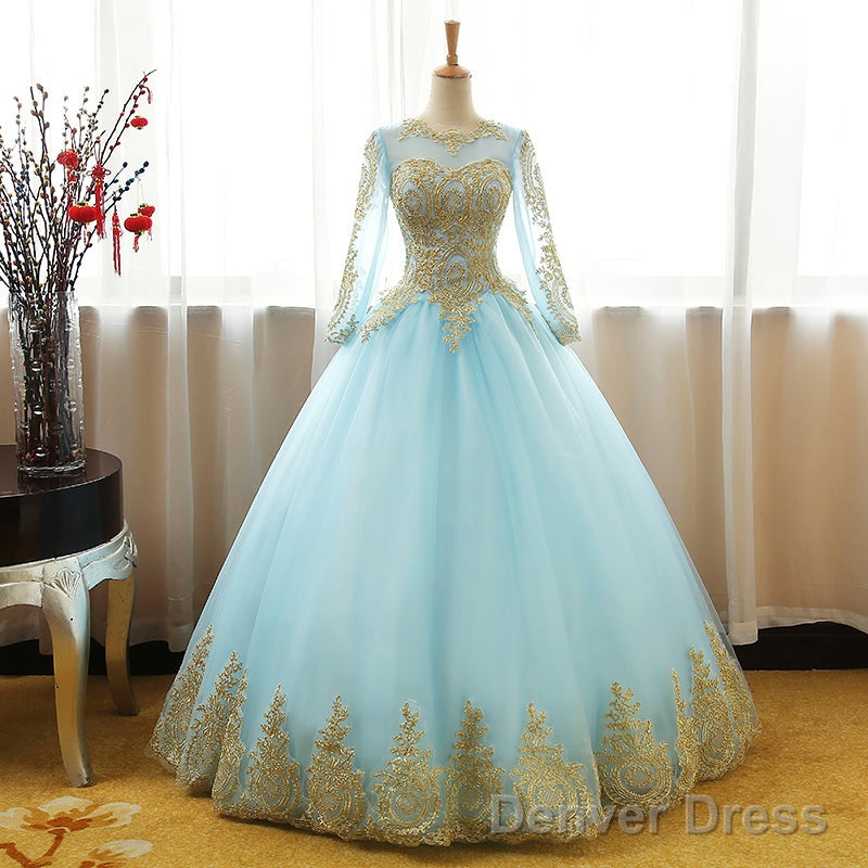 Mint Blue Long Sleeves With Gold Lace Long Prom Dress, Tulle Round Neckline Sweet 16 Dresses Secondary image