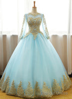 Mint Blue Long Sleeves With Gold Lace Long Party Dress, Tulle Round Neckline Sweet 16 Dress