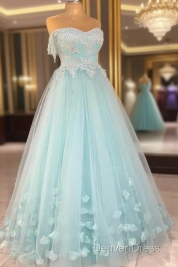 Mint Blue Sweetheart Tulle With Lace And Flowers Formal Dresses, Tulle Long Prom Dresses Party Dresses Main image