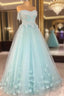 Mint Blue Sweetheart Tulle With Lace And Flowers Formal Dresses, Tulle Long Prom Dresses Party Dresses