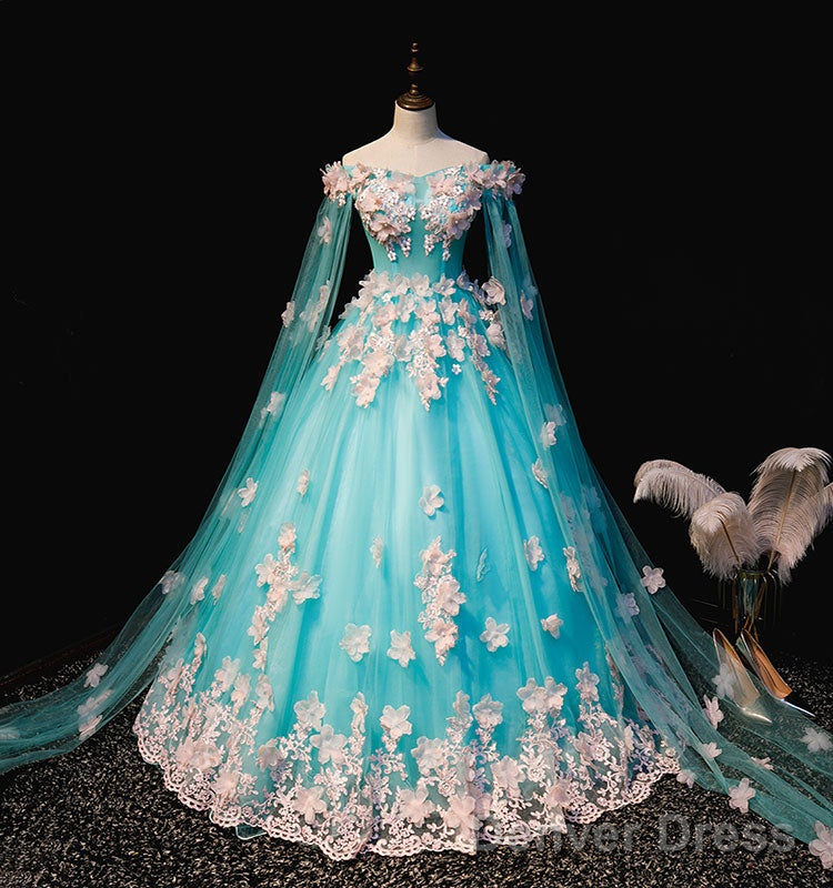 Mint Blue Tulle Embroidery Silk Flowers Quinceanera Dress, Blue Long Ball Gown Formal Dress Secondary image