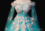 Mint Blue Tulle Embroidery Silk Flowers Quinceanera Dress, Blue Long Ball Gown Formal Dress