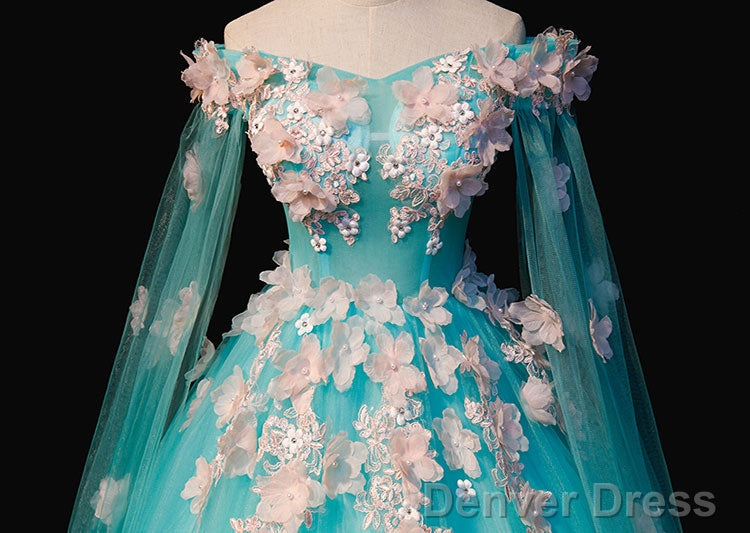 Mint Blue Tulle Embroidery Silk Flowers Quinceanera Dress, Blue Long Ball Gown Formal Dress