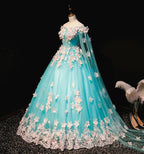 Mint Blue Tulle Embroidery Silk Flowers Quinceanera Dress, Blue Long Ball Gowns Prom Dresses