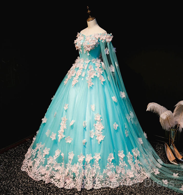 Mint Blue Tulle Embroidery Silk Flowers Quinceanera Dress, Blue Long Ball Gowns Prom Dresses