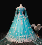 Mint Blue Tulle Embroidery Silk Flowers Quinceanera Dress, Blue Long Ball Gowns Prom Dresses