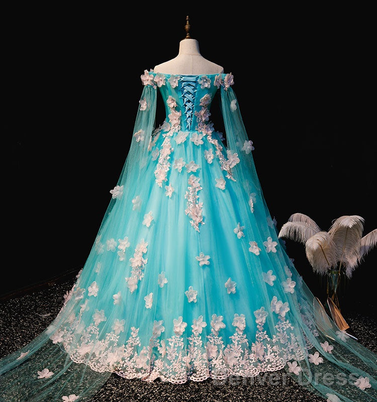 Mint Blue Tulle Embroidery Silk Flowers Quinceanera Dress, Blue Long Ball Gowns Prom Dresses