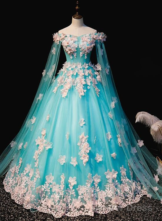Mint Blue Tulle Embroidery Silk Flowers Quinceanera Dress, Blue Long Ball Gown Formal Dress Main image