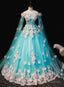Mint Blue Tulle Embroidery Silk Flowers Quinceanera Dress, Blue Long Ball Gown Formal Dress