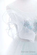 Mint Green And White Glam Tulle With Lace Long Wedding Party Dress, Beautiful Formal Dresses