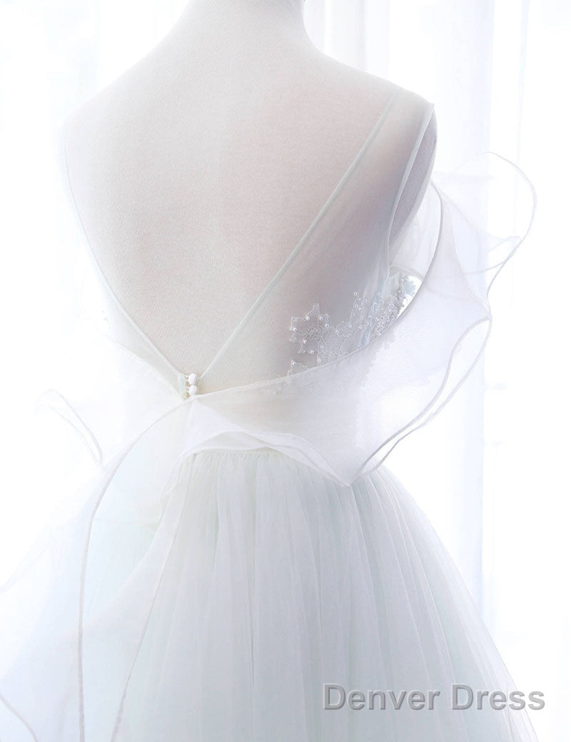 Mint Green And White Glam Tulle With Lace Long Wedding Prom Dress, Beautiful Prom Dresses