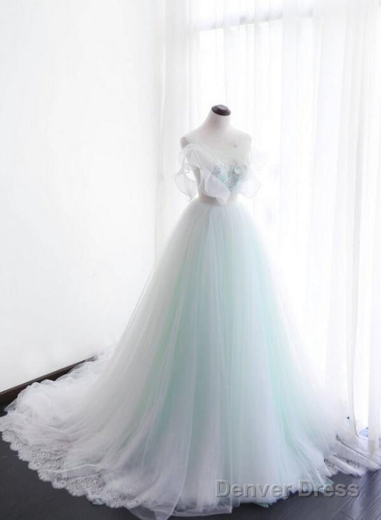 Mint Green And White Glam Tulle With Lace Long Wedding Party Dress, Beautiful Formal Dresses Main image