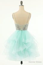 Mint Green Beaded Layered Tulle Homecoming Dresses