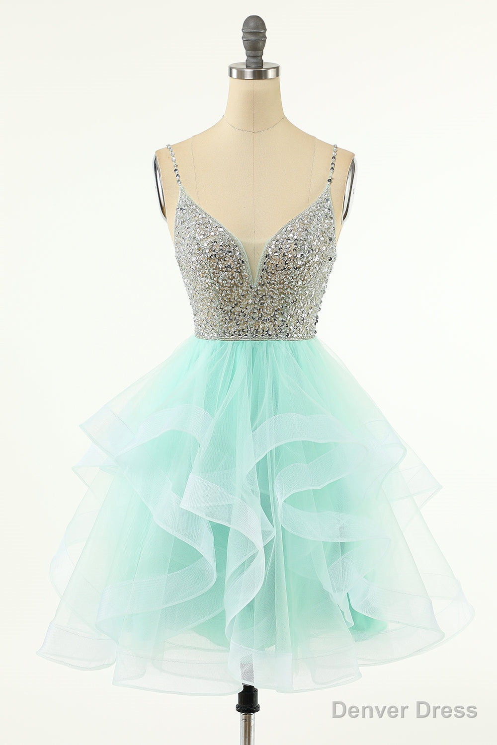 Mint Green Homecoming Dresses Straps V-Neck Multi-Layer Beaded Prom Dresses Main image