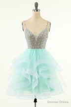 Mint Green Homecoming Dress Straps V Neck Multi Layer Beaded Prom Dresses