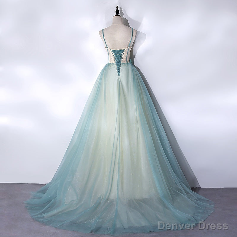 Mint Green Long Tulle with Lace Sweet 16 Dress, Long Prom Dresses